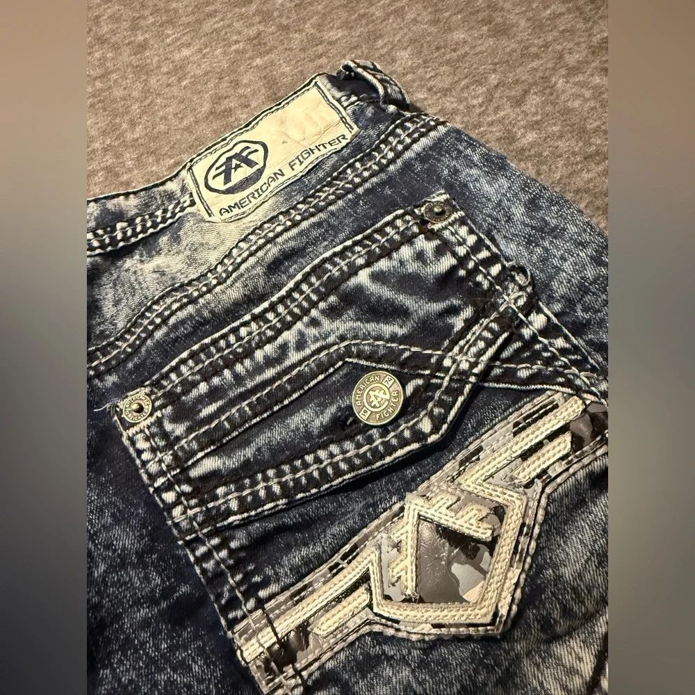 American Fighter Buckle Jeans Men 32 Long (32x34) blue Legend Slim Straight Acid